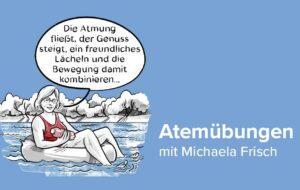 Cartoon-Frau entspannt sich lächelnd auf einer Luftmatratze im Pool und hält ein Buch in der Hand. Neben ihr befindet sich ein deutscher Text zu Atemübungen.