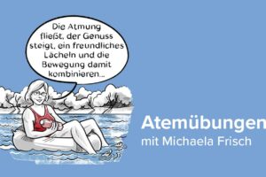 Cartoon-Frau entspannt sich lächelnd auf einer Luftmatratze im Pool und hält ein Buch in der Hand. Neben ihr befindet sich ein deutscher Text zu Atemübungen.