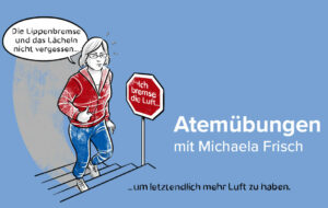 Illustration einer Frau, die eine Treppe hinaufgeht und über Atemübungen nachdenkt, mit deutschem Text über Atemtechniken.