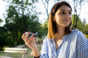 Eine Frau im gestreiften Hemd hält einen Inhalator in der Hand, während sie auf einer Bank in einem sonnigen Park sitzt.